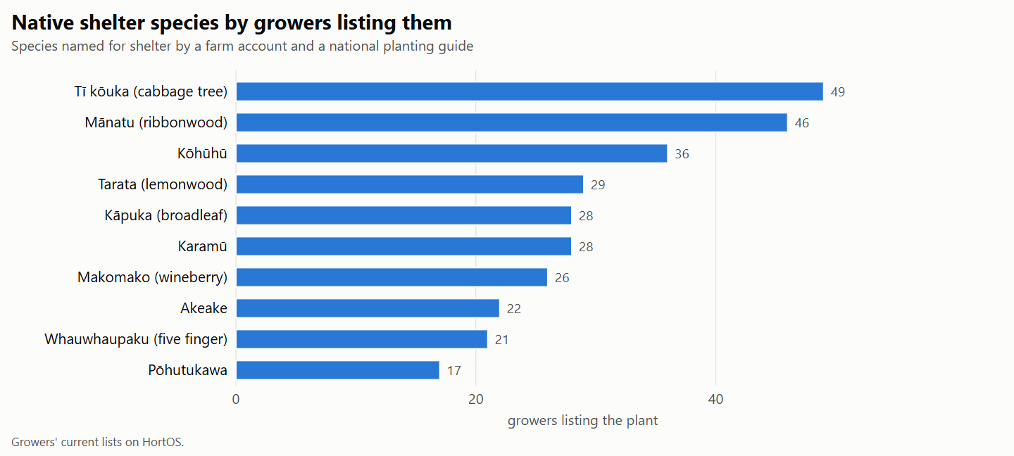 Bar chart of native species named for shelter by a New Zealand farm account and a national planting guide, ranked by the number of wholesale growers listing each one on HortOS.